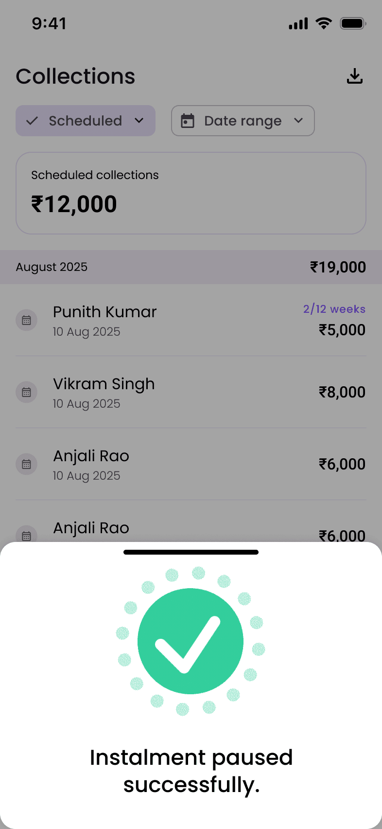 Pause instalment confirmation screen before and after redesign — before